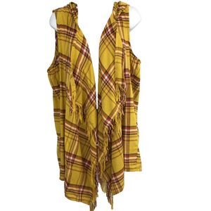 Cato EST 1946 Vest XL Honey Gold Plaid Hooded Fleece Fringe Waterfall Cardigan